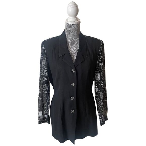 VINTAGE 80s Menu Blazer With Printed Figures Black - Picture 4 of 11